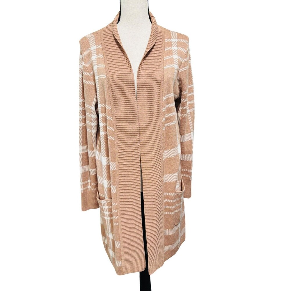 Issac Mizrahi Light Brown & White Plaid Cardigan Sz Small